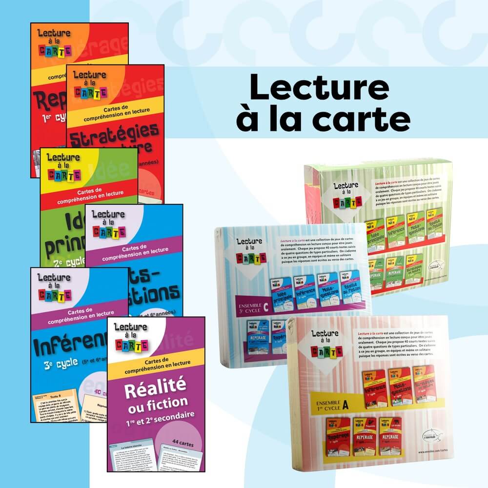 Collection of 'Lecture à la carte' reading comprehension card sets, each with colorful covers labeled by cycle and themes such as strategies, main ideas, inferences, and reality vs. fiction, alongside boxed sets for different grade cycles.