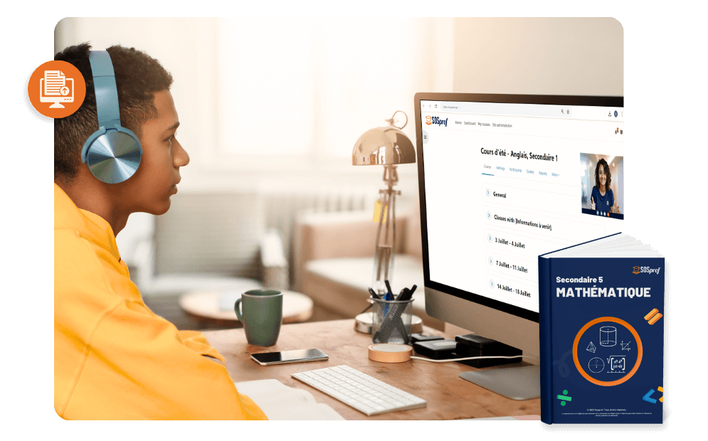 Élève suivant un cours d’été en ligne avec SOSprof, portant un casque audio devant son ordinateur, avec un cahier de mathématiques à l’écran