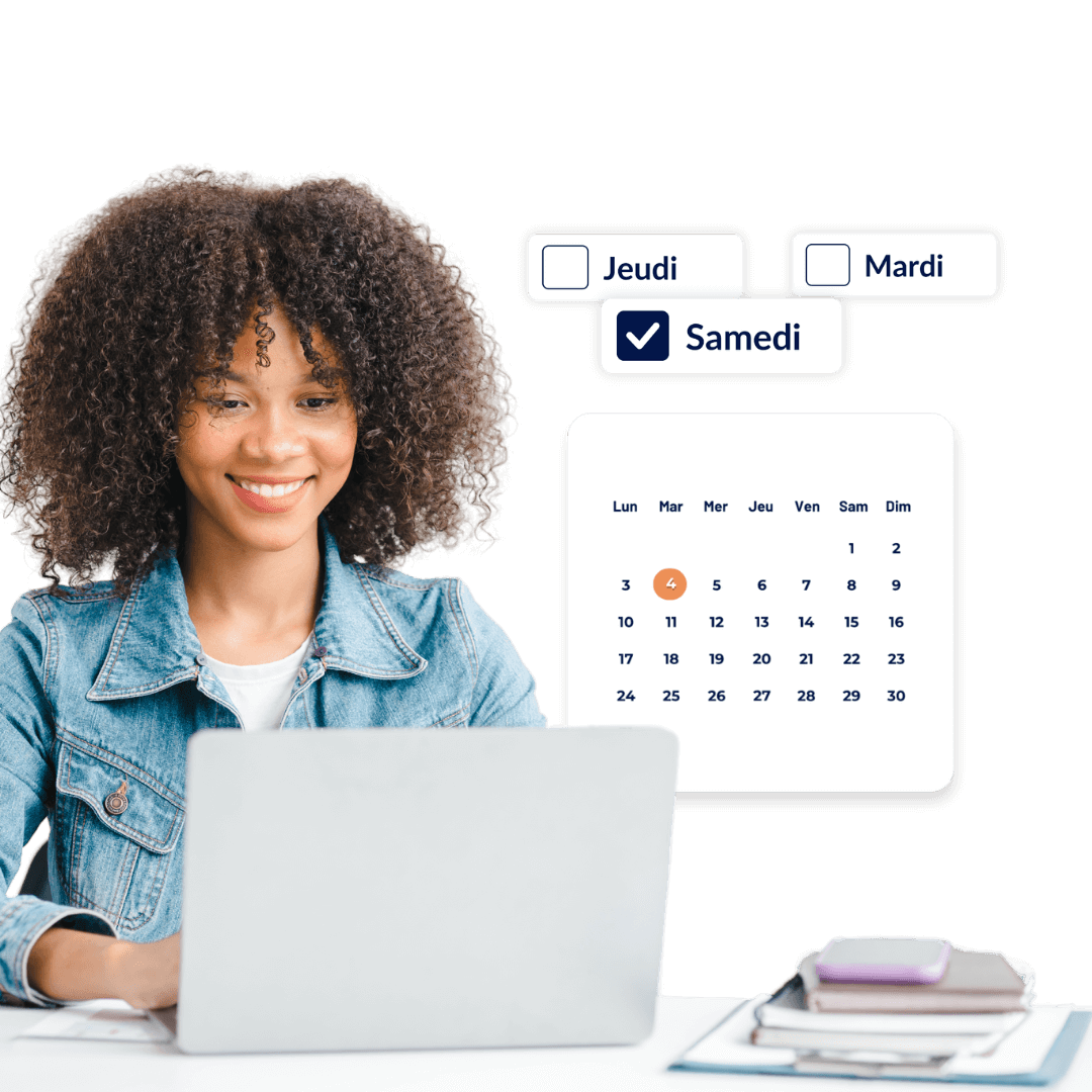Étudiante souriante utilisant un ordinateur portable avec un calendrier affichant samedi sélectionné