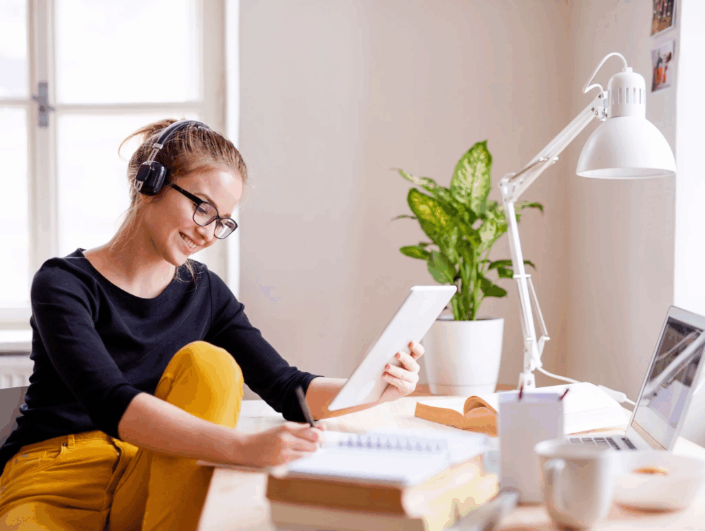Étudiante souriante suivant un cours en ligne avec une tablette et des écouteurs, prenant des notes à son bureau
