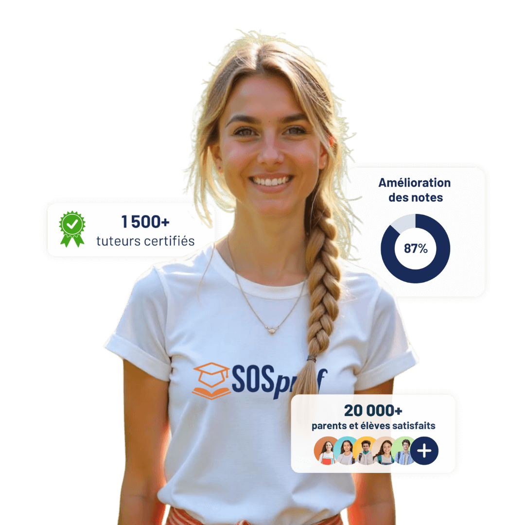 Tutrice SOSprof souriante portant un t-shirt blanc avec statistiques de réussite et satisfaction des élèves