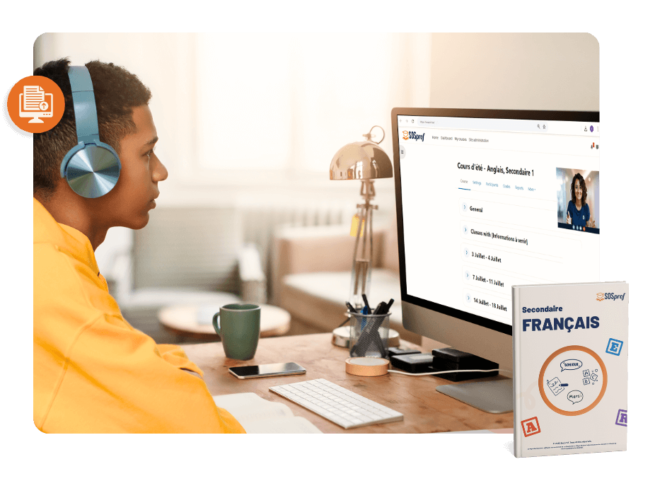 Élève concentré avec casque bleu suivant un cours en ligne sur ordinateur, manuel de français secondaire en avant-plan.