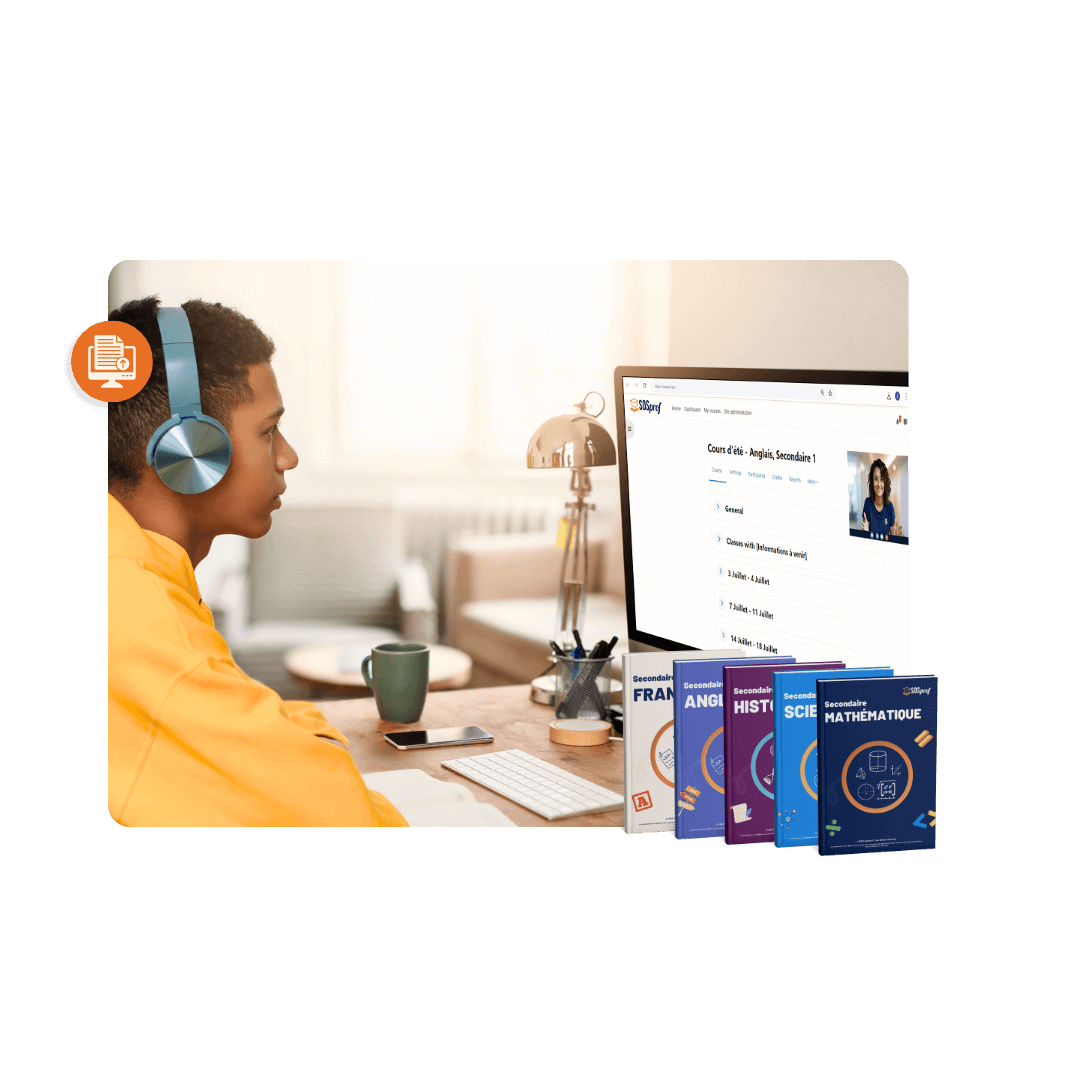 Élève portant un casque bleu suivant un cours en ligne sur ordinateur avec matériel scolaire SOSprof