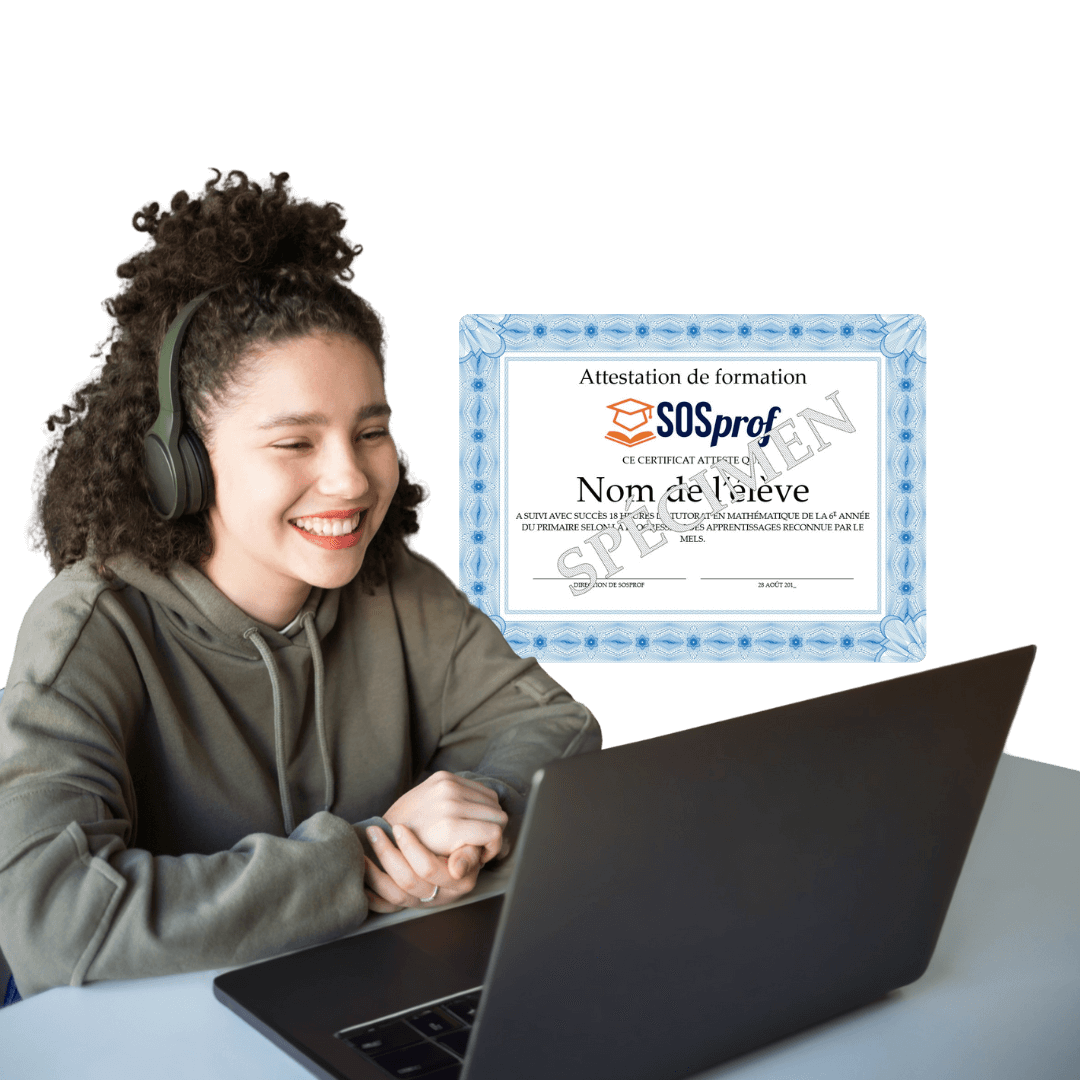 Étudiante souriante en visioconférence recevant une attestation de formation SOSprof