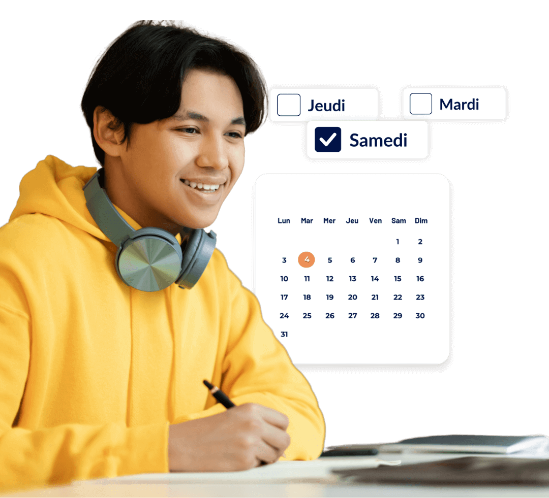 Élève souriant en chandail jaune avec casque autour du cou choisissant un horaire sur un calendrier