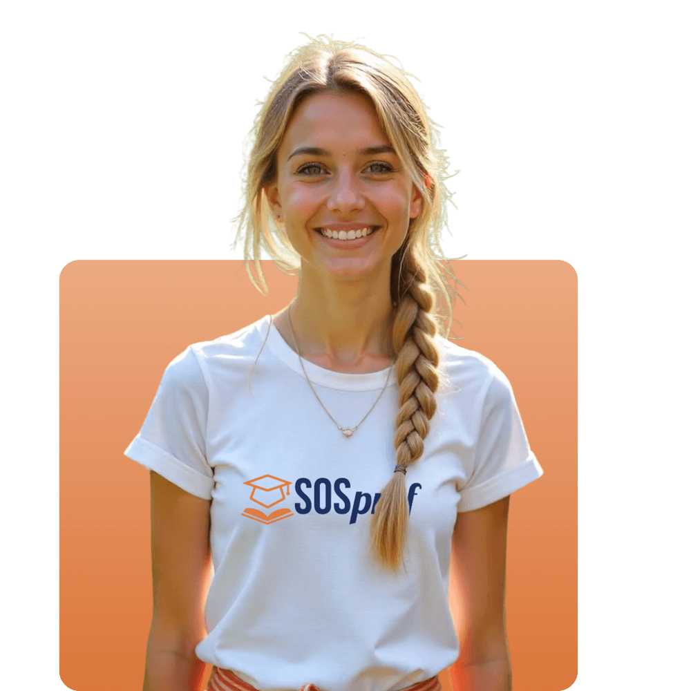 Tutrice souriante portant un t-shirt blanc avec le logo SOSprof devant un fond orange
