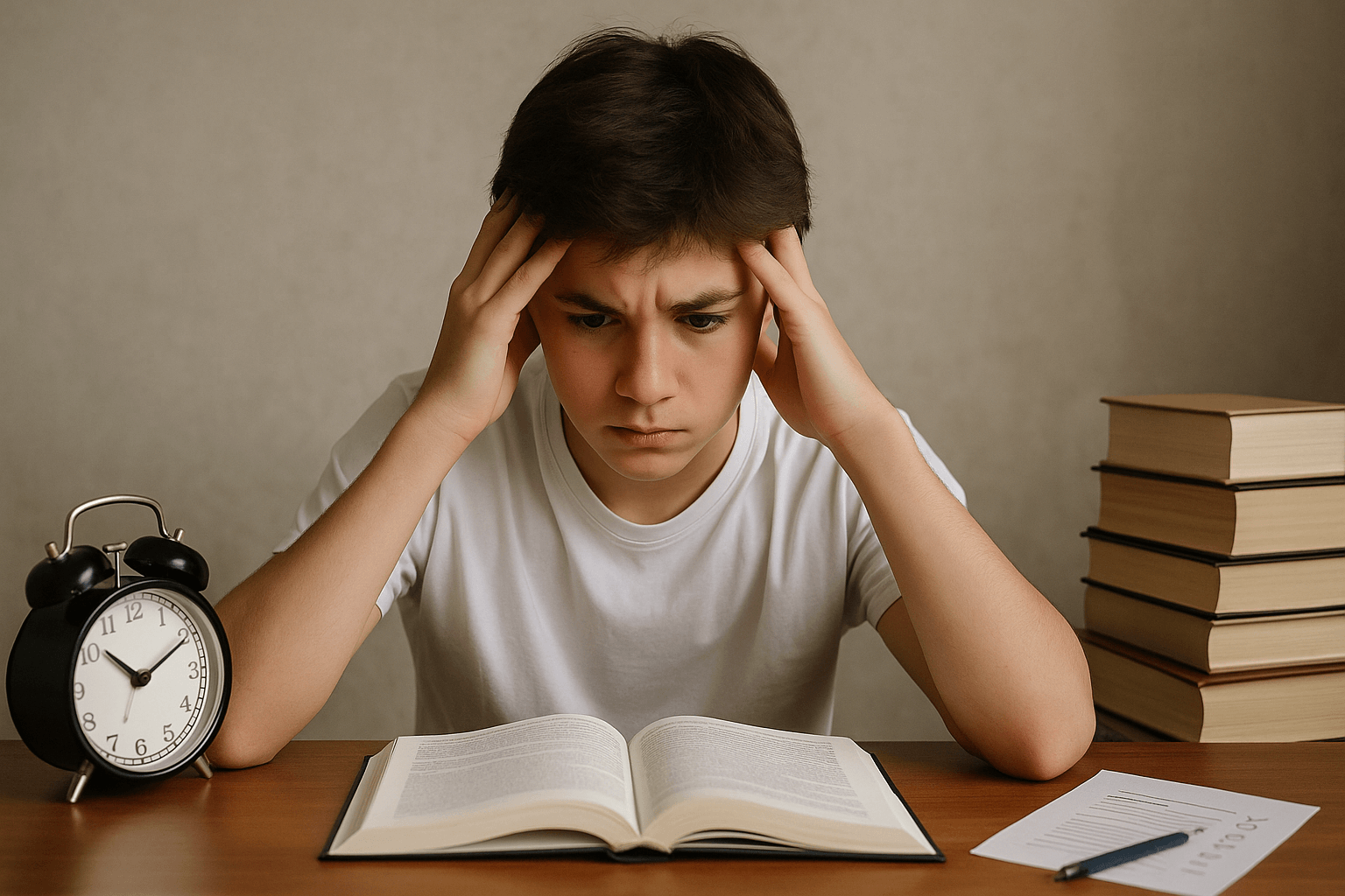 Élève stressé et dépassé par ses révisions, illustrant les erreurs fréquentes à éviter avant les examens d’admission au secondaire.
