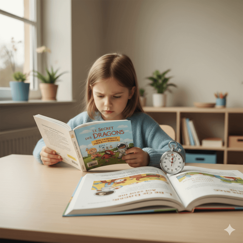 Enfant lisant un livre avec un chronomètre posé sur le bureau, illustration de la lecture chronométrée et de la vitesse de lecture chez l’apprenti lecteur.