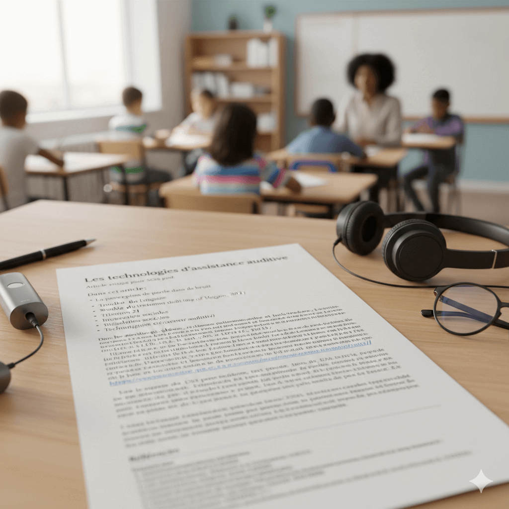 Technologies d’assistance auditive en milieu scolaire avec casque audio, document pédagogique et élèves en classe