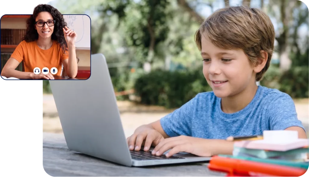 Enfant du primaire en séance de tutorat en ligne avec son tuteur SOSprof