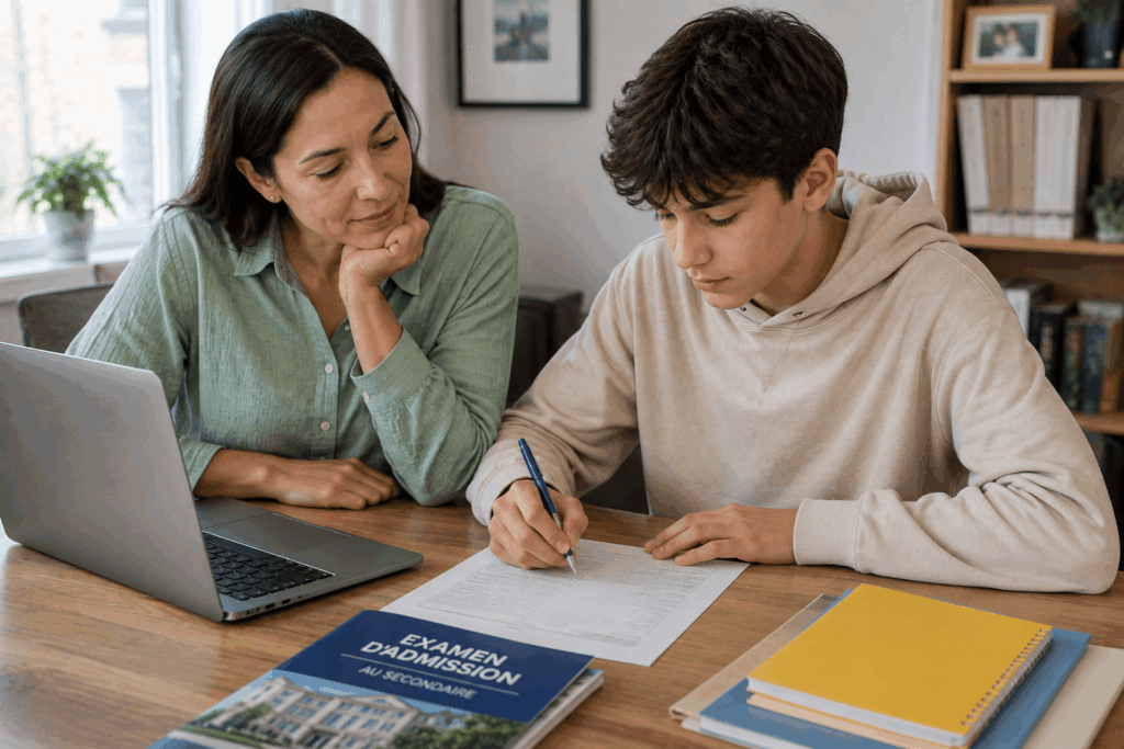 Parent accompagnant son enfant pour l’inscription à un examen d’admission au secondaire