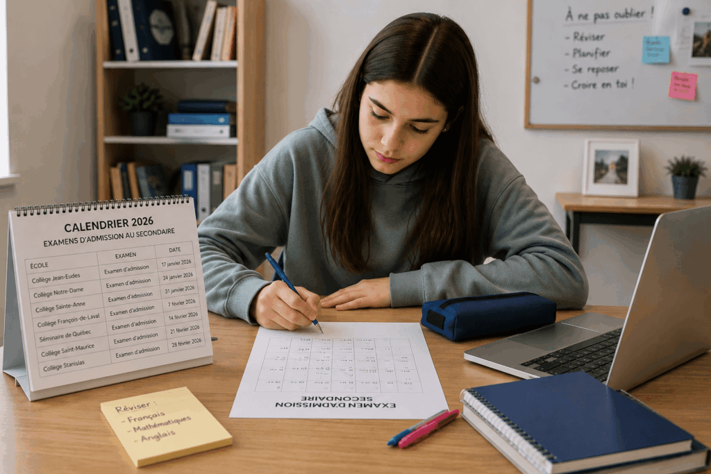 Élève préparant les dates des examens d’admission au secondaire selon le calendrier 2026