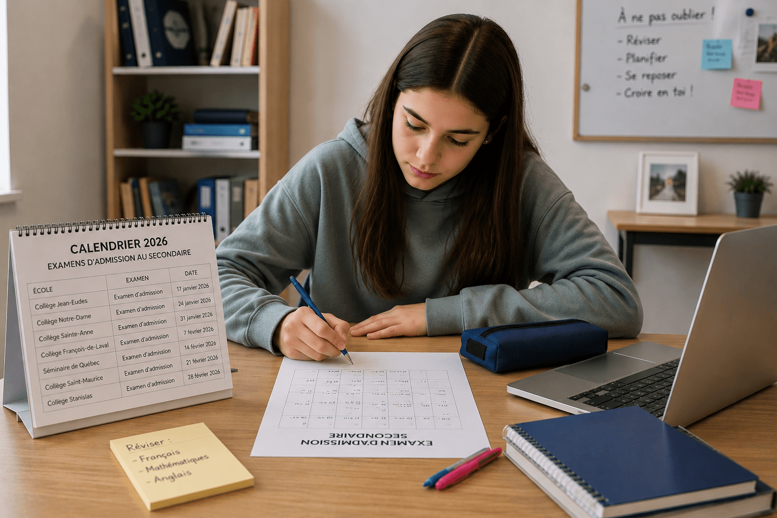 Élève préparant les dates des examens d’admission au secondaire selon le calendrier 2026