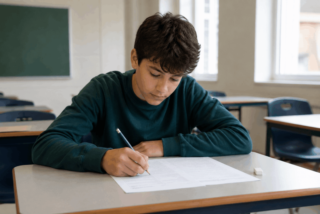 Élève de secondaire 1 réalisant un examen blanc d’admission au secondaire en classe