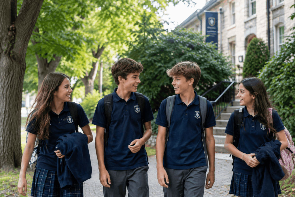 Élèves du secondaire en uniforme devant une école secondaire privée à Montréal