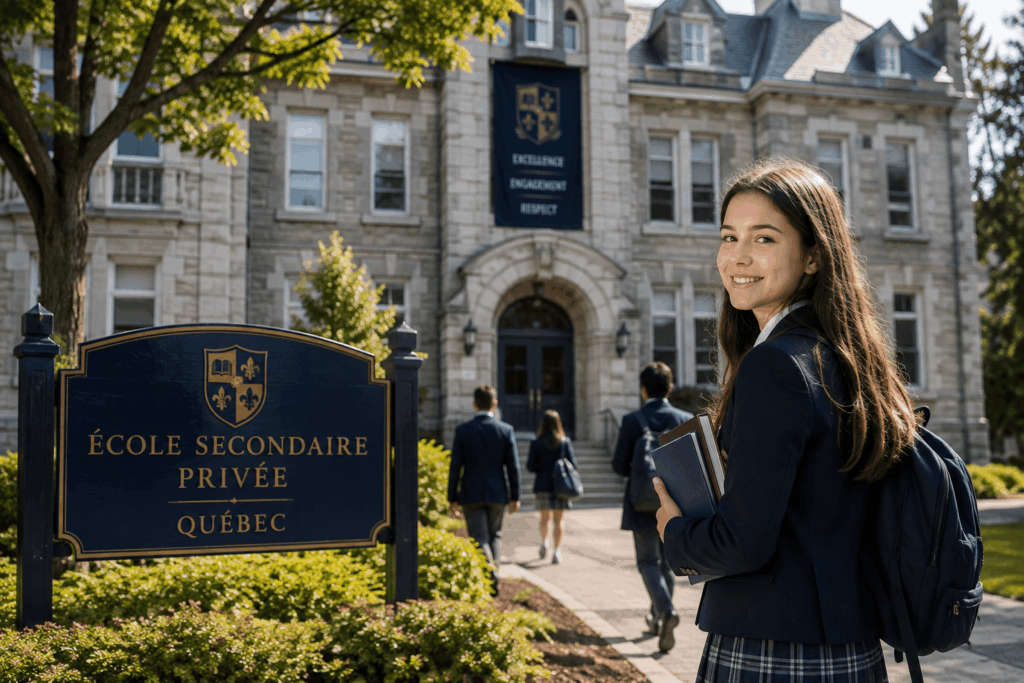 Élève devant une école secondaire privée à Québec