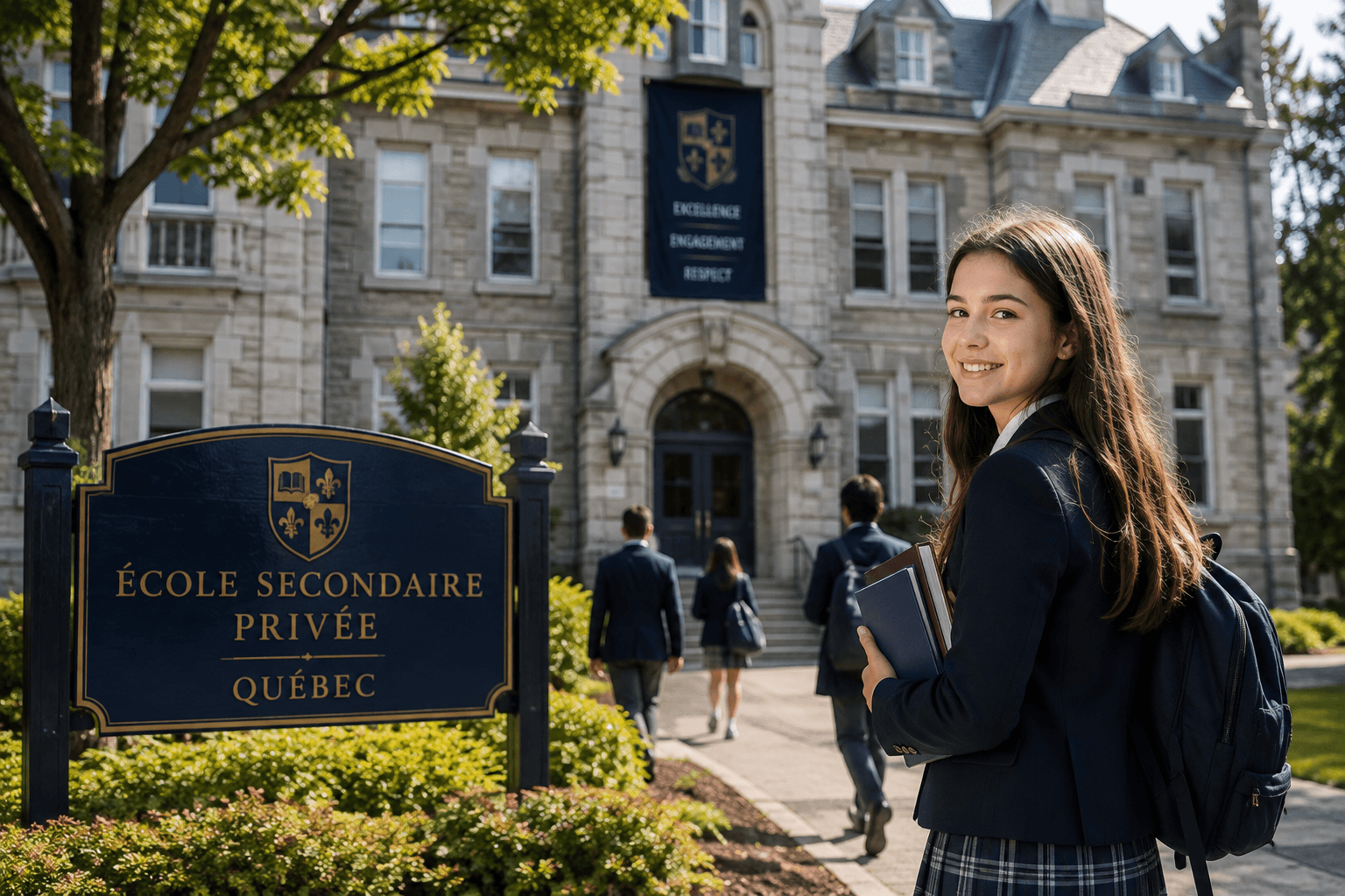 Élève devant une école secondaire privée à Québec